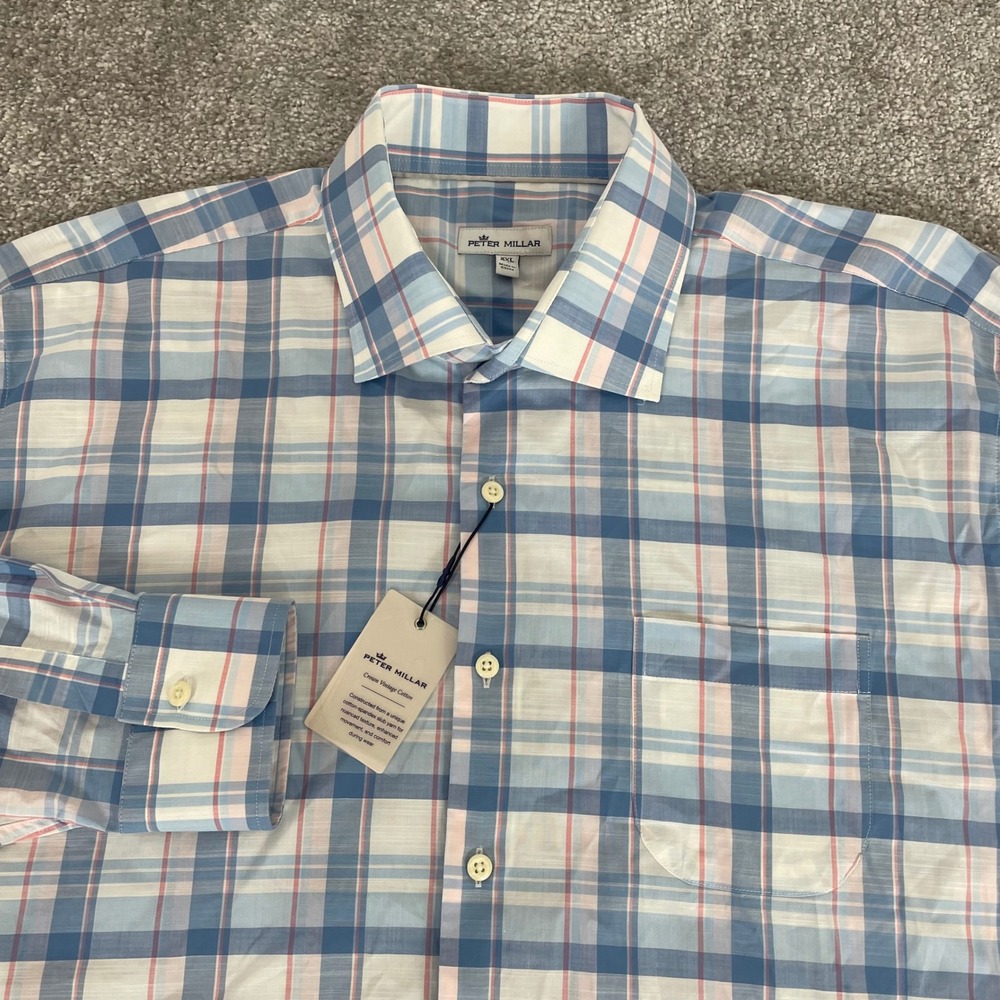 Peter Millar Button Down Shirt Mens XXL Plaid Cotton Spandex Blue 2XL NWT